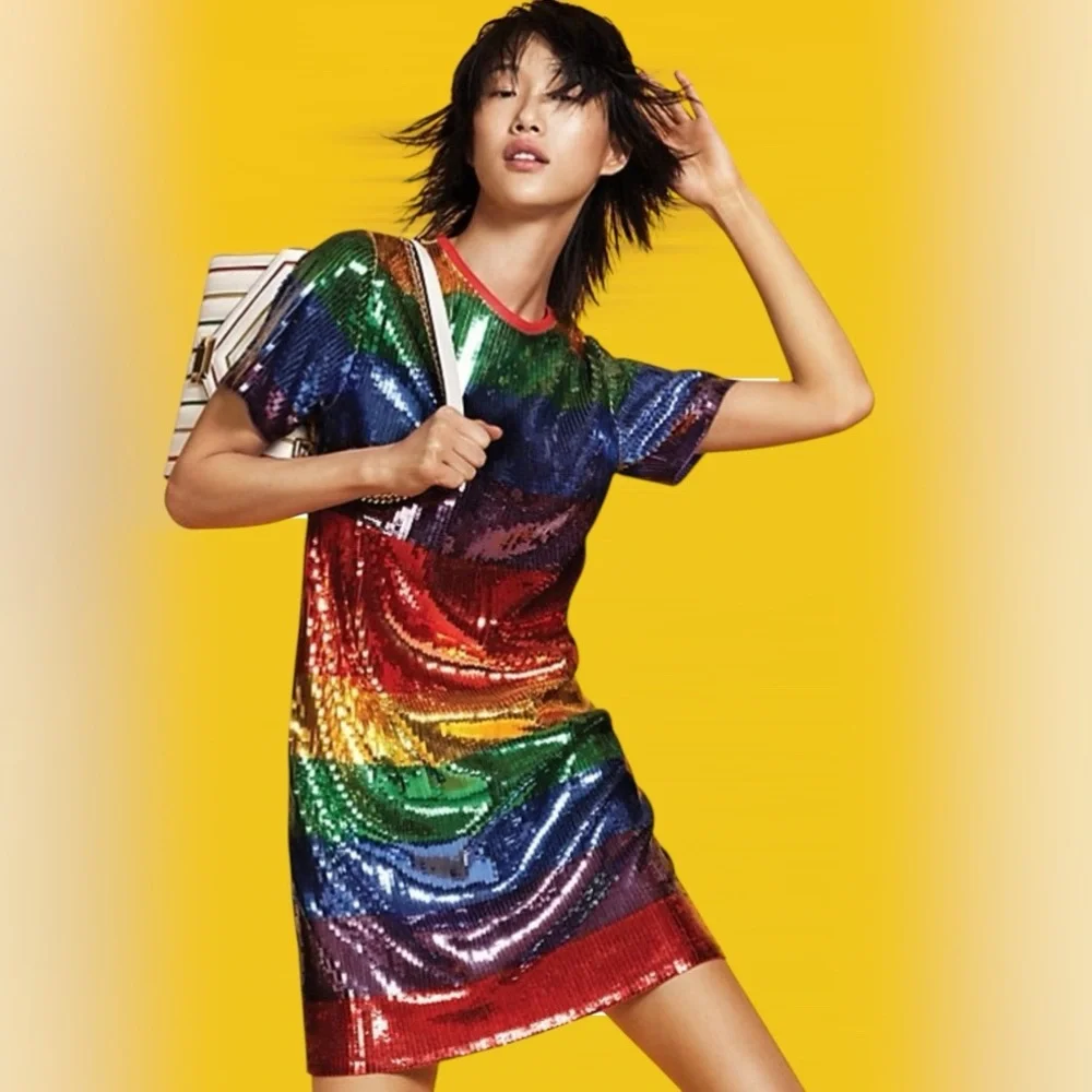 Michael Michael Kors Rainbow Sequined Cotton-Jersey T-Shirt Dress Size XS - Picture 3 of 10